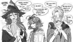 3girls ^_^ ahoge blush bow cape caroline_bartley closed_eyes coat coat_on_shoulders crying facing_viewer flutterpage gloves greyscale hair_bow hair_bun hands_up hat highres kim_8thhh korean_text long_hair monochrome multiple_girls multiple_hair_bows open_mouth reverse:1999 short_hair single_glove sketch smile speech_bubble streaming_tears tears translation_request willow_(reverse:1999) witch_hat