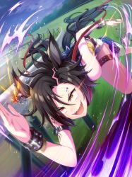 Rule 34 | 3girls, absurdres, air shakur (umamusume), animal ear piercing, animal ears, artist request, asymmetrical hair, aura, belt, black belt, black hair, blue sailor collar, blue shoes, blue sky, bracelet, chain, chain earrings, cloud, crazy, crazy smile, dark aura, day, denim, denim shorts, earrings, embers, face piercing, floating hair, forehead piercing, fur-trimmed shorts, fur trim, game cg, glowing, glowing eye, grass, grey nails, highres, horse ears, horse girl, horse racing track, horse tail, jewelry, leaning forward, leg up, looking ahead, messy hair, midriff, multicolored shoes, multiple belts, multiple bracelets, multiple girls, multiple piercings, nail polish, official art, open mouth, outdoors, piercing, racing, ring, running, sailor collar, sharp teeth, shirt, shoes, short hair, short shorts, shorts, shoulder tattoo, single earring, sky, sleeveless, sleeveless shirt, smile, sneakers, solo focus, studded bracelet, tail, tattoo, teeth, thigh belt, thigh strap, tree, two-tone shoes, umamusume, v-shaped eyebrows, white shoes, white shorts, wide-eyed, yellow eyes, yellow shirt