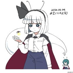 2girls antennae black_cape black_eyes black_hairband blue_pants bright_pupils bug cape commentary cosplay dated firefly ghost green_hair hairband highres hoshii_1213 insect konpaku_youmu konpaku_youmu_(ghost) multiple_girls pants shirt short_hair simple_background solo_focus touhou twitter_username white_background white_hair white_pupils white_shirt wriggle_nightbug wriggle_nightbug_(cosplay)