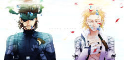 1boy 1girl bandana big_boss blonde_hair brown_hair bubble dameaki eyepatch facial_hair highres metal_gear_(series) metal_gear_solid_3:_snake_eater scar sneaking_suit the_boss underwater