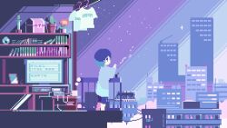 1girl animated animated_gif apartment balcony blue_hair bookshelf building cactus cigarette city cityscape computer cup hot_drink mug night original oyuzaki_(ayuzaki) pixel_art plant potted_plant profile shooting_star short_hair skyscraper smoking solo standing treasure_chest