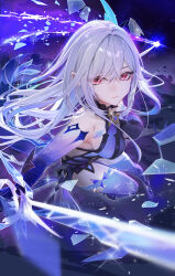 Rule 34 | 1girl, absurdres, azurelight (genshin impact), bare shoulders, breasts, broken glass, closed mouth, commentary request, crossed bangs, crystal shards, dekalco, diamond-shaped pupils, diamond (shape), dress, expressionless, floating hair, genshin impact, glass, glass shards, glowing, hair between eyes, hair ornament, halter dress, halterneck, highres, holding, holding sword, holding weapon, light particles, long hair, looking at viewer, medium breasts, midair, night, night sky, prosthesis, prosthetic arm, prosthetic leg, purple dress, red eyes, short dress, sidelocks, skirk (genshin impact), sky, sleeveless, sleeveless dress, solo, sparkle, star (sky), sword, symbol-shaped pupils, very long hair, weapon, white hair