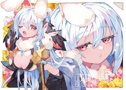 1girl absurdres animal_ears bangle bent_over black_gloves black_shorts blue_hair border borrowed_character bracelet breasts cleavage colored_eyelashes commission dated double-parted_bangs floral_background fur_collar gloves hair_between_eyes hand_rest hanging_breasts highres jewelry large_breasts long_hair looking_at_viewer multiple_views navel original outside_border projected_inset rabbit rabbit_ears rabbit_girl red_eyes revealing_clothes shorts skeb_commission squeans stomach very_long_hair white_border white_tail yasubaru yawning