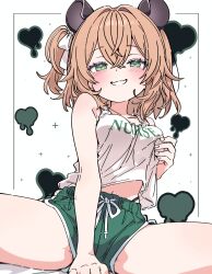 1girl alternate_costume animal_ears arm_support asami-chan bare_shoulders blush breasts brown_hair clothes_writing dolphin_shorts double-parted_bangs drawstring grabbing_own_breast green_eyes green_shorts hair_between_eyes heart heart_background highres indie_virtual_youtuber looking_at_viewer medium_hair nimi_nightmare one_side_up shorts sitting smile solo tank_top tapir_ears tapir_girl teeth virtual_youtuber white_tank_top