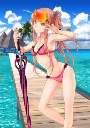 1girl animal_on_arm baby_penguin bare_arms bare_legs bare_shoulders bikini bird blue_sky breasts cleavage closed_mouth cloud collarbone crown_hair_ornament dock fate/grand_order fate_(series) feet_out_of_frame frilled_bikini frills goggles goggles_on_head hair_ornament hand_on_hilt hands_up horizon leaning_forward long_hair long_sidelocks looking_at_viewer medb_(fate) medb_(swimsuit_saber)_(fate) medb_(swimsuit_saber)_(first_ascension)_(fate) medium_breasts narrow_waist navel ocean official_art orange_eyes orange_goggles penguin pink_bikini pink_hair side_ponytail sidelocks sky smile solo spaghetti_strap swimsuit sword takayama_kisai third-party_source v v_over_eye variant_set weapon