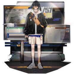 1boy bag black_hair black_jacket caution cup disposable_cup faux_figurine full_body game_cg girls&#039;_frontline girls&#039;_frontline_neural_cloud highres holding holding_cup jacket lin+ looking_at_viewer official_alternate_costume official_art shoes shorts shoulder_bag sign standing sueyoi_(neural_cloud) third-party_source tinted_eyewear transparent_background v-neck white_shoes white_shorts