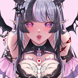 1girl bare_shoulders bat_ornament belt belt_buckle black_belt black_dress black_hair black_wings blush bow breasts buckle chain cleavage_cutout clothing_cutout commentary disembodied_eye dress ear_piercing english_commentary fangs hair_over_shoulder halterneck heart heart_in_eye heterochromia highres indie_virtual_youtuber long_hair looking_at_viewer noriben open_mouth piercing pink_background pink_eyes pointy_ears purple_bow purple_eyes purple_hair second-party_source simple_background sleeveless sleeveless_dress smile solo spiked_belt spiked_chain spikes sprinkle_hershy sprinkles straight-on swept_bangs symbol_in_eye teeth tongue torn_wings upper_body upper_teeth_only virtual_youtuber wings