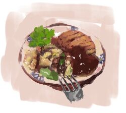 food food_focus fork garnish gravy no_humans object_focus original pink_background plate slow_d steak still_life vegetable