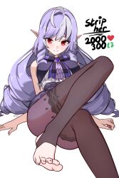 1girl absurdres ascot black_corset black_overskirt black_pantyhose blush bow breasts center_frills closed_mouth commentary corset drill_hair english_commentary feet frills highres legs long_hair looking_at_viewer medium_breasts mole mole_under_eye multicolored_hair pantyhose pointy_ears purple_ascot purple_bow purple_hair red_eyes shrug_(clothing) simple_background smile solo streaked_hair twitter_strip_game vivian_banshee white_background white_hair white_shrug white_streaks x_xith_x zenless_zone_zero