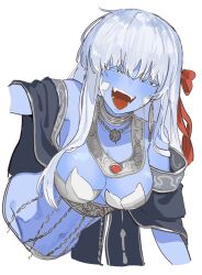 1girl armor bare_shoulders belly_chain bikini_armor blue_eyes blue_skin blush breasts cleavage colored_skin earrings fate/grand_order fate_(series) hair_ribbon highres jewelry kali_(fate) large_breasts long_hair looking_at_viewer navel neck_ring necklace nyokinyoki_18 ribbon sash silver_trim smile solo white_hair