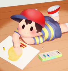 bad_tag black_hair blonde_hair child crayons drawing hat lucas_(mother_3) lying mother_(series) mother_2 ness_(mother_2) nintendo red_hat shirt shota sjsj_10 striped_clothes striped_shirt super_smash_bros.