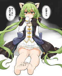 1girl absurdres animal_ears barefoot black_coat black_hairband blonde_hair coat commentary_request dress fake_animal_ears feet frown full_body gloves green_eyes green_hair grey_background hair_between_eyes hair_ornament hairband hat_ornament highres long_hair long_sleeves looking_at_viewer low_twintails mahjong_soul multicolored_hair negetsu open_clothes open_coat open_mouth red_panda_ears shaded_face soles solo star_(symbol) star_hair_ornament star_hat_ornament streaked_hair translation_request twintails very_long_hair white_background white_dress white_gloves yuzu_(mahjong_soul)