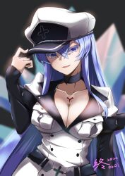 1girl absurdres adjusting_clothes adjusting_headwear akame_ga_kill! black_choker blue_eyes blue_hair breasts chest_tattoo choker cleavage esdeath hair_between_eyes hat highres jacket lapels long_hair long_sleeves looking_at_viewer military_uniform notched_lapels parted_lips peaked_cap smile solo tattoo upper_body white_jacket zhong_(kartg0046935)