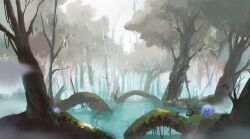 Rule 34 | absurdres, bare tree, highres, moss, no humans, original, painting (medium), plant, scenery, shadow, sky, slow d, traditional media, tree, water, weeds, wetland, white sky