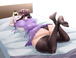 1girl ass bed black_panties black_thighhighs borrowed_character breasts brown_hair cellphone dress eye_mask face_in_pillow feet highres huge_ass lace lace-trimmed_panties lace_trim legs_up lying on_stomach original panties phone pillow pivk00 plump purple_dress red_eyes small_breasts smartphone solo thick_thighs thighhighs thighs twintails underwear white_background wide_hips