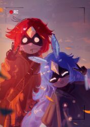 1boy 1girl :d :o absurdres alternate_costume alula_(oneshot) beak bird_boy bird_girl black_coat blank_eyes blue_hair blue_sky brother_and_sister calamus_(oneshot) child cloud coat commentary contemporary english_commentary extra_eyes highres long_hair long_sleeves looking_at_viewer medium_hair oneshot_(game) open_mouth outdoors parted_lips recording red_coat red_hair shadches72 siblings sky smile upper_body v viewfinder