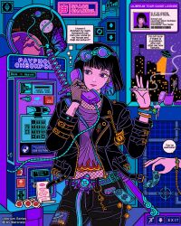 Rule 34 | 1girl, absurdres, arm tattoo, arsnzip, artist name, belt, black hair, blunt bangs, bob cut, bracelet, bug, butterfly, candy, cigarette, city lights, cityscape, coin, cowboy shot, crescent moon, driving license, english text, fishnet gloves, fishnets, food, gloves, goggles, hand up, highres, holding, holding cigarette, holding phone, insect, jacket, jewelry, key, long sleeves, money, moon, nail polish, neon palette, night, night sky, original, pants, payphone, phone, planet, purple eyes, short hair, sky, solo, speech bubble, star (sky), sword, sword on back, tattoo, thought bubble, tile wall, tiles, toothbrush, toothpaste, ufo, weapon, weapon on back, wrist tattoo