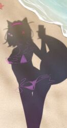 1girl animal_ears beach bikini cellphone daf_(daf_4) dog_ears dog_girl dog_tail dressed_shadow_(meme) hairband hashtag-only_commentary highres holding holding_phone hololive hololive_english implied_nudity meme mococo_abyssgard ocean phone pink_bikini pink_hairband sand short_hair smartphone solo swimsuit tail virtual_youtuber water