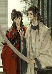 111218422 2boys absurdres bags_under_eyes bamboo black_eyes black_hair calligraphy_brush chinese_clothes chinese_commentary closed_mouth coat creature dao_gui_yi_xian eyeball hair_bun hair_ribbon half_updo hanfu highres holding holding_calligraphy_brush holding_creature holding_paintbrush holding_scroll indoors leaf li_huowang li_sui_(tentacles) light_particles long_hair long_sleeves looking_at_another looking_down male_focus multiple_boys open_clothes open_coat paintbrush red_coat red_hanfu ribbon robe scroll sidelocks single_hair_bun standing table tentacles white_coat white_hanfu white_ribbon wide_sleeves window window_blinds zhuge_yuan
