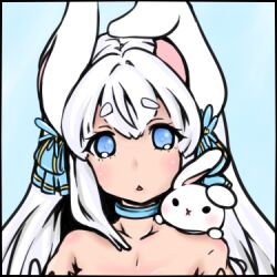 1girl animal_ears blue_bow blue_choker blue_eyes blush bow choker commentary_request hair_bow long_hair looking_at_viewer lowres open_mouth portrait rabbit_ears rabbit_girl ragnarok_iris ragnarok_online simple_background solo thick_eyebrows upper_body wanderer_(ragnarok_online) white_hair
