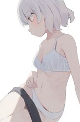 1girl bra breasts closed_mouth clothes_pull grey_hair highres hiroki_(yyqw7151) navel original panties shorts shorts_pull simple_background small_breasts solo underwear white_background white_bra white_panties