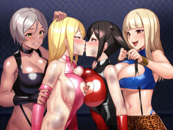 4girls animal_print blonde_hair blunt_bangs breast_press breasts brown_hair bruise bruise_on_chest cleavage commentary_request crop_top elbow_gloves french_kiss gloves grabbing_another&#039;s_hair grey_hair grin highres holding_another&#039;s_hair injury kaeru_no_uta kiss large_breasts leopard_print multiple_girls nipple_cutout nipple_piercing nipples orange_eyes original piercing saliva short_hair sideboob smile sweat symmetrical_docking yellow_eyes yuri