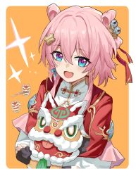 Rule 34 | 1girl, bell, black gloves, blue eyes, blush, border, chen qixing, chinese clothes, chinese commentary, commentary request, diting (honkai: star rail), earrings, fingerless gloves, flower, gloves, hair flower, hair ornament, hairpin, highres, honkai: star rail, honkai (series), hug, jacket, jewelry, jingle bell, long sleeves, march 7th (honkai: star rail), march 7th (hunt) (honkai: star rail), medium hair, multicolored eyes, official alternate costume, official alternate hairstyle, open clothes, open jacket, open mouth, outside border, pink eyes, pink hair, pink pupils, puffy sleeves, red jacket, shuangyaji, single earring, smile, two-tone eyes, upper body, white border, white sleeves, yellow background