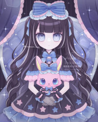 1girl black_dress black_hair blue_bow blue_eyes bow character_request commentary_request curtains dress gloves gothic_lolita grey_gloves grey_hair hair_bow highres himetsuki_luna jewelpet_(creature) jewelpet_(series) lolita_fashion looking_at_viewer multicolored_hair pleated_dress sanrio short_sleeves star_(symbol) streaked_hair striped_bow twitter_username two_side_up watermark