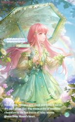 1girl artist_request bag blue_sky bow brown_eyes cloud collarbone commentary copyright_name cowboy_shot day dress english_commentary english_text eyelashes flower frilled_dress frilled_sleeves frilled_umbrella frills green_bag green_bow green_dress green_umbrella hair_ornament hairclip happy highres holding holding_umbrella light_blush light_particles logo long_hair long_sidelocks long_sleeves looking_ahead nikki_(nikki) nikki_(series) official_art outdoors outstretched_hand parallel_hairclips parted_lips pink_flower pink_hair pleated_dress puffy_long_sleeves puffy_sleeves purple_flower rainbow second-party_source see-through_clothes see-through_sleeves shining_nikki short_dress shoulder_bag sidelocks sky smile solo standing star_button transparent transparent_umbrella tree umbrella umbrella_over_shoulder very_long_hair viridescent_rain_(shining_nikki) waist_bow water_drop_print wavy_hair wet x_hair_ornament