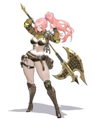 Rule 34 | 1girl, absurdres, armor, arowana2111, axe, battle axe, belt, bikini, bikini shorts, black bikini, black gloves, blue eyes, blunt bangs, boots, breasts, brown belt, brown sleeves, cleavage, commentary, contrapposto, english commentary, fingerless gloves, gloves, hands up, highres, kneehighs, lace-up boots, large breasts, legs apart, long hair, looking at viewer, navel, original, pink hair, shadow, shoelaces, shorts, shoulder armor, simple background, socks, solo, swimsuit, thigh belt, thigh strap, weapon, white background, wide hips