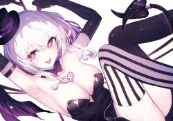 1girl absurdres armpits arms_up blush bow bowtie breasts cleavage demon_girl elbow_gloves gloves hat heart heart-shaped_pupils highres looking_at_viewer non-pubic_inmon open_mouth original pubic_tattoo purple_eyes purple_hair reizouko short_hair smile solo symbol-shaped_pupils tail tattoo thighhighs thighs tongue tongue_out top_hat