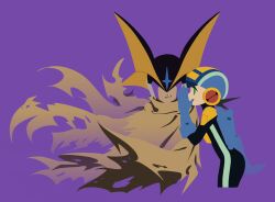 Rule 34 | 2boys, bass.exe (mega man), black helmet, blue bodysuit, blue helmet, bodysuit, brown cloak, cloak, cowboy shot, facial mark, forehead jewel, green eyes, helmet, highres, male focus, mega man (series), mega man battle network (series), megaman.exe, multiple boys, nanhui aria, purple background, simple background, smirk, whispering
