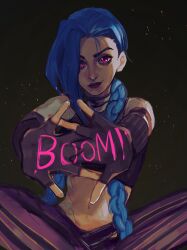 1girl 8h_kt absurdres arcane:_league_of_legends arcane_jinx asymmetrical_bangs blue_hair braid cloud_tattoo commentary fingerless_gloves gloves highres jinx_(league_of_legends) league_of_legends long_hair shoulder_tattoo solo tattoo twin_braids