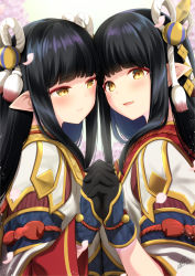 Rule 34 | 2girls, :d, azuma yuki, black gloves, black hair, blush, brown eyes, closed mouth, commentary request, gloves, hair ornament, hand up, highres, hinoa, holding hands, interlocked fingers, japanese clothes, kimono, long hair, minoto, monster hunter (series), monster hunter rise, multiple girls, open mouth, pointy ears, siblings, sisters, smile, twins, upper body, white kimono, wide sleeves