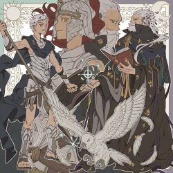 absurdres armor beard bird book brown_eyes facial_hair fate/grand_order fate_(series) feathers grey_hair helm helmet highres holding holding_polearm holding_shield holding_weapon m_12170 male_focus mustache open_book polearm ptolemy_(fate) ptolemy_(first_ascension)_(fate) ptolemy_(second_ascension)_(fate) ptolemy_(third_ascension)_(fate) robe sandals shield spear weapon