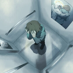 Rule 34 | 2boys, absurdres, angel, angel wings, arm around shoulder, avogado6, black pants, different reflection, elevator, elevator door, feathered wings, from above, green hoodie, halo, hands on own face, highres, hood, hood down, hoodie, looking back, male focus, mirror, multiple boys, original, pants, red eyes, reflection, smile, standing, white hair, wings, yellow halo