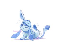 Rule 34 | animal focus, blue eyes, closed mouth, commentary request, gen 4 pokemon, glaceon, lying, nanami lusia, nintendo, no humans, one eye closed, pokemon, pokemon (creature), scratching head, simple background, solo, twitter username, white background