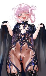 1girl absurdres aqua_eyes black_cape black_dress black_nails black_thighhighs blush braid braided_hair_rings breasts cape chronopattern_dress closed_mouth colored_eyelashes commentary dress english_commentary fang fingernails foolish_potato gluteal_fold hair_rings highres maebari meme_attire nail_polish nanakusa_nazuna_(yofukashi_no_uta) open_mouth pink_hair simple_background solo thighhighs thighs white_background yofukashi_no_uta