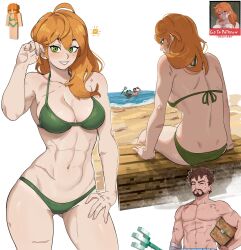 1boy 1girl abs absurdres alex_(minecraft) beach beard bikini blush breasts brown_hair cleavage closed_eyes closed_mouth collarbone commentary dashi_(dashiart) dimples_of_venus drowned_(minecraft) english_commentary facial_hair gluteal_fold green_bikini green_eyes hair_between_eyes hand_up highres holding holding_polearm holding_weapon large_breasts long_hair looking_at_viewer minecraft minecraft_chest monster multiple_scars multiple_views navel ocean orange_hair parted_lips pectorals polearm scar sitting smile steve_(minecraft) sun swimsuit trident weapon white_background