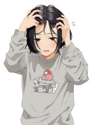 1girl bird black_hair blush brown_eyes forehead mattaku_mousuke original parrot short_hair solo upper_body watermark white_background