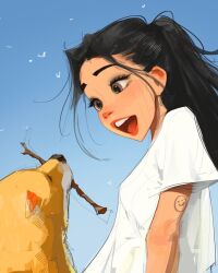 1girl 1other :d animal arm_tattoo bird black_hair blue_background blue_sky brown_eyes curtained_hair high_ponytail highres holding holding_stick long_hair looking_at_animal open_mouth original outdoors ponytail sam_yang shirt simple_background sky smile stick t-shirt tattoo teeth upper_body upper_teeth_only welsh_corgi white_shirt