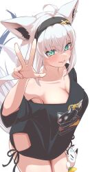 1girl absurdres ahoge animal_ear_piercing animal_ears armpits benjamin_1kt black_hairband black_shirt blue_eyes blush breasts cleavage clothing_cutout collarbone commentary cowboy_shot crossed_bangs english_commentary fox_ears fox_girl fox_tail from_above hair_between_eyes hairband highres hololive long_hair looking_at_viewer medium_breasts nejima_kitsune_(shirakami_fubuki) no_bra official_alternate_costume parted_lips shirakami_fubuki shirakami_fubuki_(loungewear) shirt side-tie_shirt side_cutout simple_background single_off_shoulder smile solo standing sukonbu_(shirakami_fubuki) tail v virtual_youtuber white_background white_hair