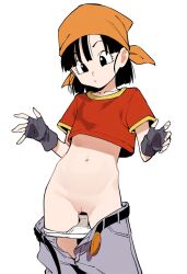 1girl bandana black_eyes black_hair cleft_of_venus clothes_pull dragon_ball dragon_ball_gt gloves highres iconcawaiine loli pan_(dragon_ball) panties pants pants_pull panty_pull pussy red_shirt shirt solo stomach underwear