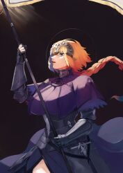1girl absurdres armor armored_dress banner blonde_hair blue_eyes braid breasts chain dress fate/apocrypha fate/grand_order fate_(series) gauntlets gumi_(the_eye_of_darkness) hair_ornament headpiece highres jeanne_d&#039;arc_(fate) jeanne_d&#039;arc_(ruler)_(fate) large_breasts long_hair open_mouth solo sword weapon