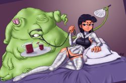 1girl alien ball_gag bed blackfire breasts broken_torpedo colored_skin dc_comics gag glgrdsklechhh orange_skin panties purple_eyes purple_hair sex_toy teen_titans tentacles underwear vibrator