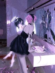 Rule 34 | 2girls, alien stage, barefoot, bathroom, black dress, black hair, black headdress, broken mirror, commentary, dress, highres, mirror, mizi (alien stage), multiple girls, official alternate costume, pink hair, scissors, severed hair, short hair, sink, sitting, sleeveless, sleeveless dress, strap slip, su ho0, sua (alien stage), symbol-only commentary, tile wall, tiles, white dress, white wings, wings