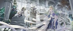 2girls absurdres alternate_costume artist_name black_footwear breasts bridal_veil candlestand castle_interior chandelier cleavage dated dress earrings eyepatch floating flower frilled_thigh_strap green_hair hair_flower hair_ornament high_heels highres honkai_(series) honkai_impact_3rd indoors jewelry klein_(honkai_impact) lab_coat long_hair marble_(stone) marble_floor medical_eyepatch mobius_(honkai_impact) multiple_girls siroka sitting sitting_on_object slit_pupils small_breasts stairs thigh_strap thighhighs veil white_dress white_thighhighs
