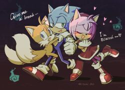 amy_rose blue_eyes blue_fur blush boots bracelet child dress fox gloves green_eyes hairband hashi_bd heart hedgehog highres hug jewelry multiple_tails pink_fur pretender protecting scared sega shoes shota sonic_(series) sonic_the_hedgehog sweatdrop tail tails_(sonic) two_tails yellow_fur