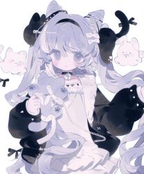 1girl bell blush cat choker double_bun dress hair_between_eyes hair_bun hair_ornament hairband highres long_hair long_sleeves looking_at_viewer memuro neck_bell original puffy_sleeves solo stuffed_toy tail twintails twitter_username