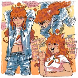 1girl absurdres animal_ears arm_behind_head blue_jacket blue_pants carrot_print curly_hair denim denim_jacket english_text food_print highres horse_ears horse_girl horse_race_tests jacket jovial_merryment long_hair looking_at_viewer marshoworld midriff multiple_views navel open_mouth orange_eyes orange_hair pants print_shirt running shirt smile smoking solo teeth upper_body white_shirt